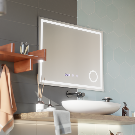 LED dotykové zrcátko NIVERA odmlžovací systém, hodiny a teplota 80x60 cm Kosmetická lupa Zrcadla Korman S Výchozí název Alessandro Design