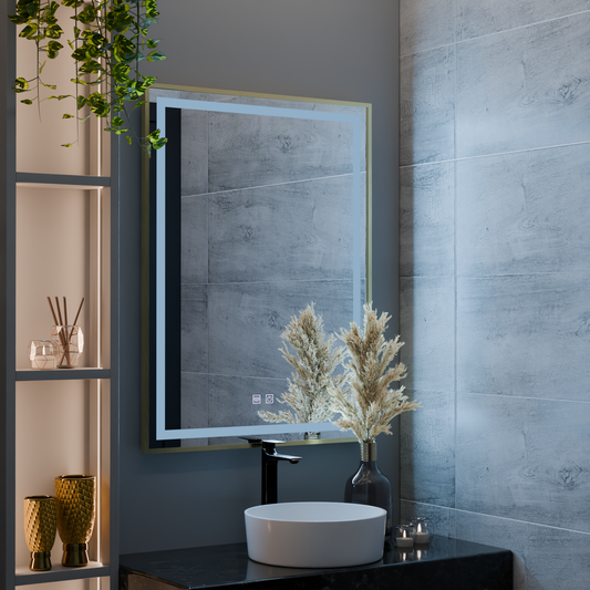 Dotykové Kalahiri LED zrcadlo, 60x80 cm, funkce odmlžování, kartáčovaný zlatý rám, E10S/60X80