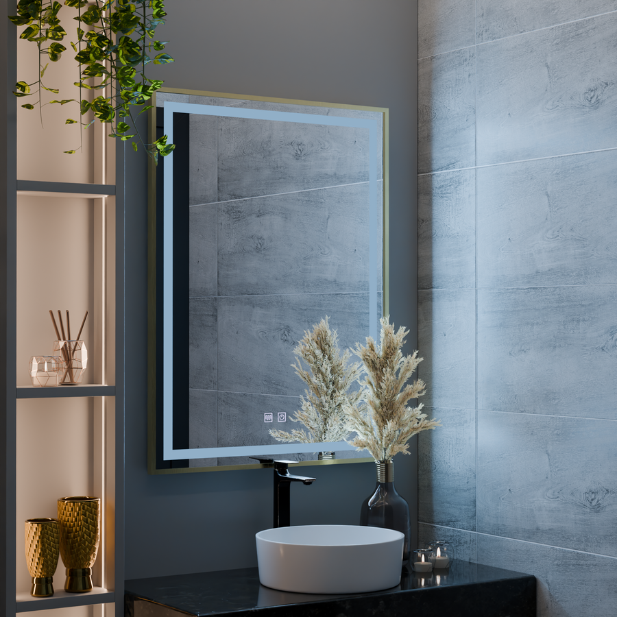 LED Touch Kalahiri Mirror, 80x60 cm, funkce odmrazování, zlatý rám štětce