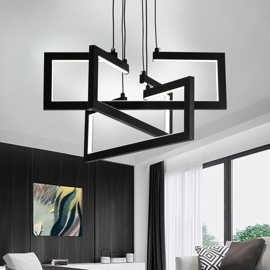 LED lustr s dálkovým ovládáním, Závěsný 73W, 3 prvky, Studené/Teplé/Neutrální světlo, Stmívatelné, Nastavitelná výška, Černá