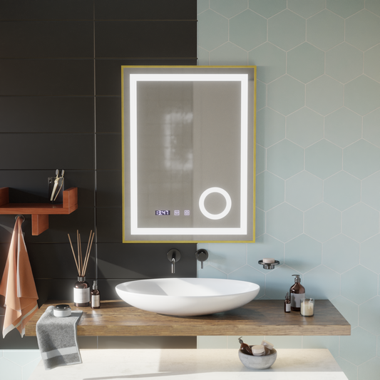 CLARUS LED dotykový systém odmlžování, hodiny a teplota 60x80 cm broušená kosmetická lupa se zlatým rámem