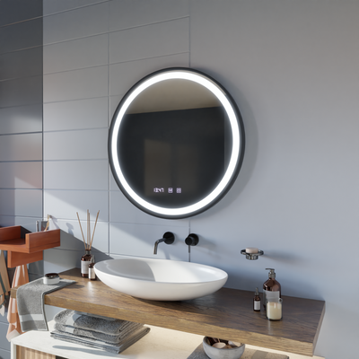 Zrcadlo LED Touch NOVARA odmlžovací systém, hodiny a teplota 60 cm kartáčovaný černý rám