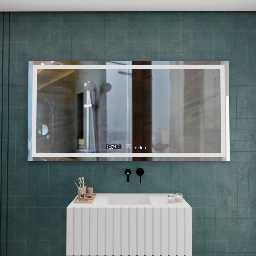 Obdélníkové LED zrcadlo, 120x60cm, Verite MotionGlow Marcello, Demister System, Hodiny & Teploměr, Stmívatelné