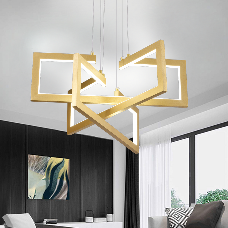 LED lustr s dálkovým ovládáním, Závěsný 73W, 3 prvky, Studené/Teplé/Neutrální světlo, Stmívatelné, Nastavitelná výška, Zlatá