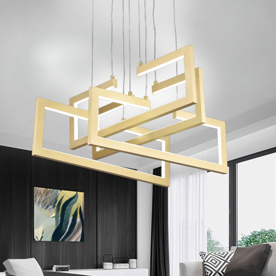 LED lustr s dálkovým ovládáním, Závěsný 98W, 4 prvky, Studené/Teplé/Neutrální světlo, Stmívatelné, Nastavitelná výška, Zlatá