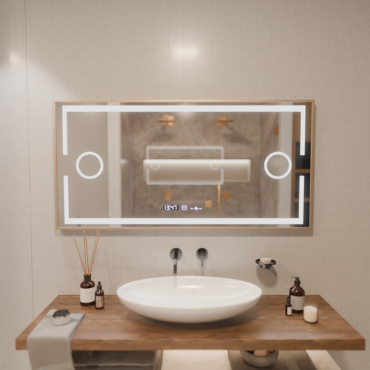 Senzor LED Motionglow Mirror Isabell s rozmrazováním funkce rozmrazování 120x80 cm teplé/studené/neutra dimable světlo, růžový zlatý hrudní rám, Marcello Funghi Collection