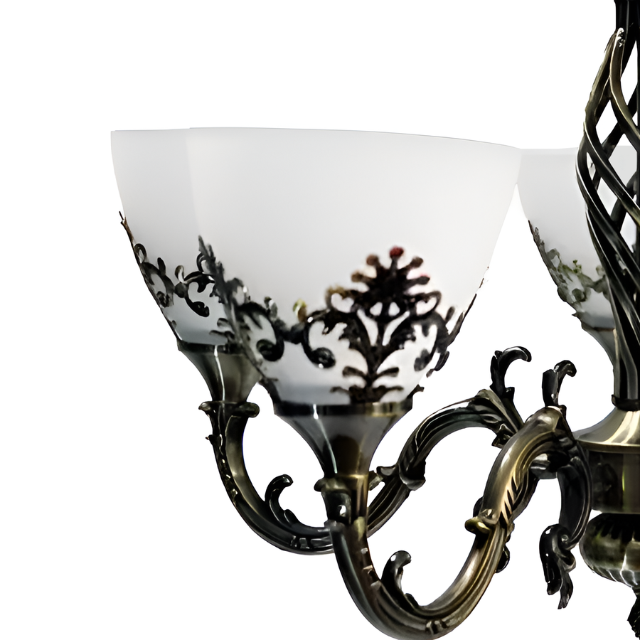 Rustikální chalupa lustru, 5*E27, starožitný bronz, kov a sklo