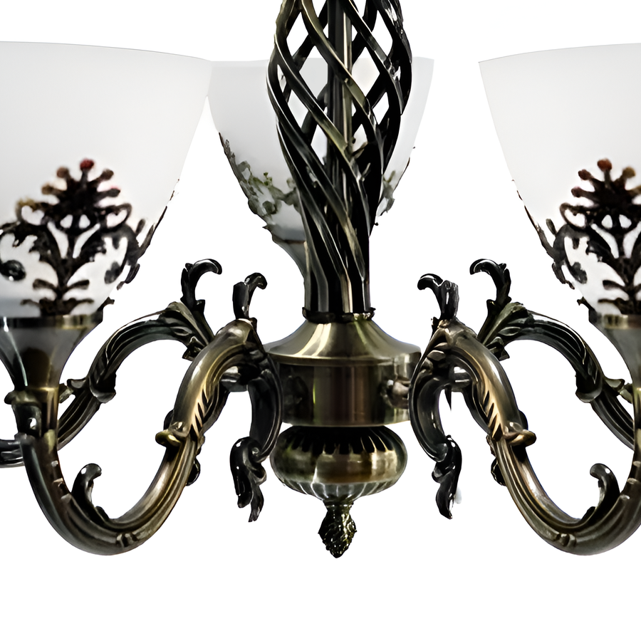 Rustikální chalupa lustru, 5*E27, starožitný bronz, kov a sklo