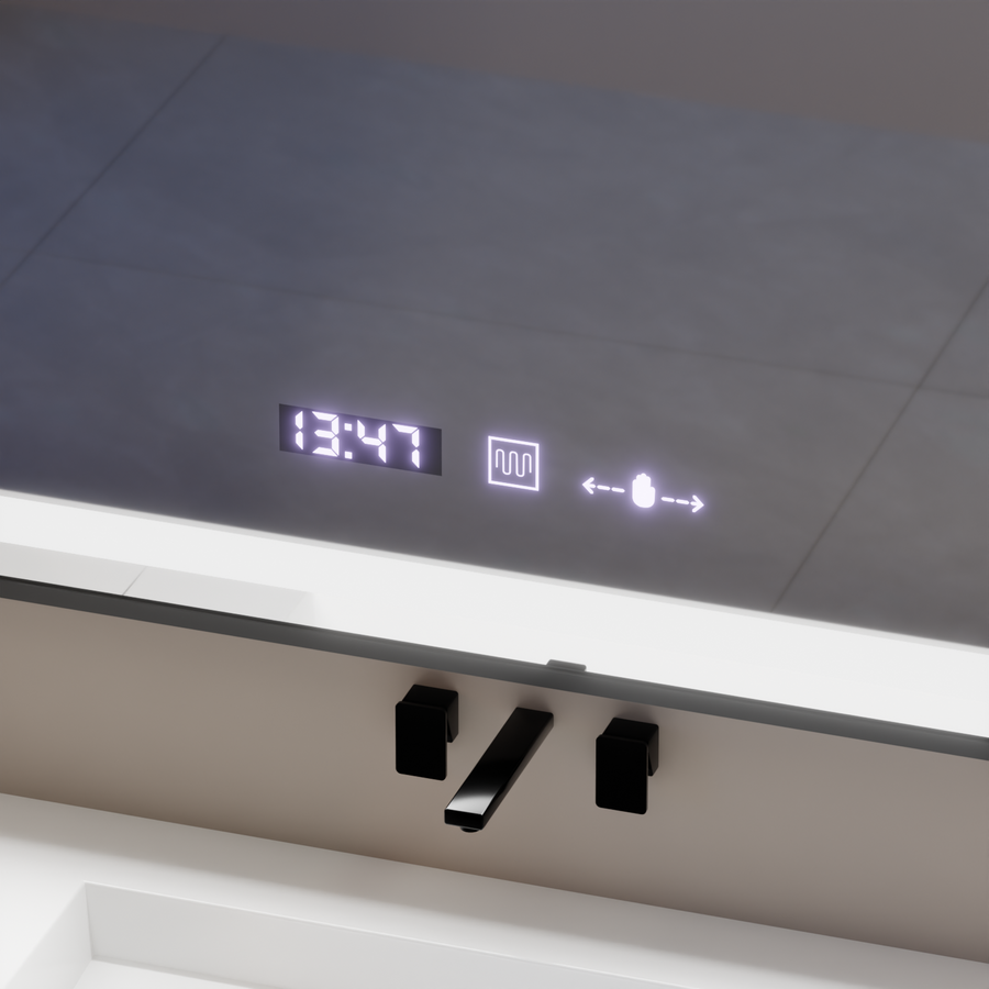 Obdélníkové LED zrcadlo, 80x60cm, Verite Majeste Noir Motion Glow Marcello, Demister System, Hodiny & Teploměr, Stmívatelné