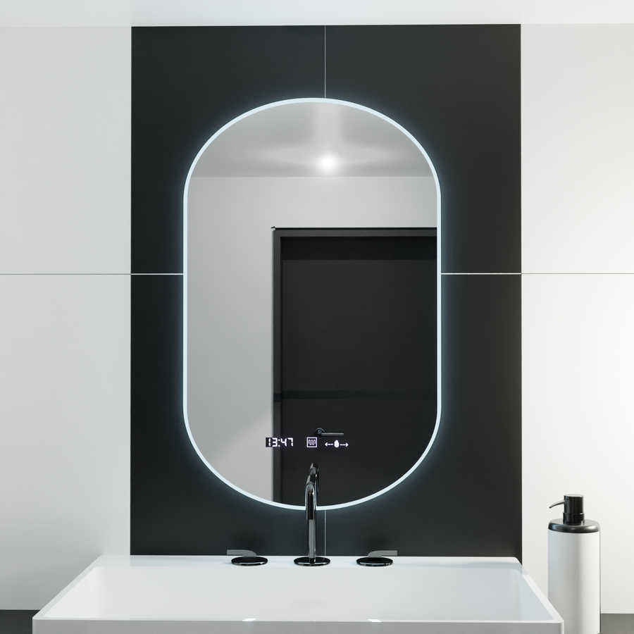 Oválné LED zrcadlo, 50x100cm, Lucia Sensor Marcello, Demister System, Hodiny & Teploměr, Stmívatelné