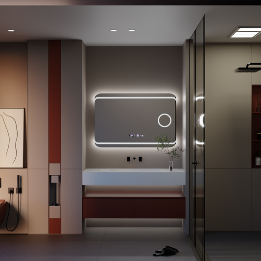 Obdélníkové LED zrcadlo, 100x60cm, Definition MotionGlow Marcello, Demister System, Hodiny & Teploměr, Kosmetická lupa, Stmívatelné