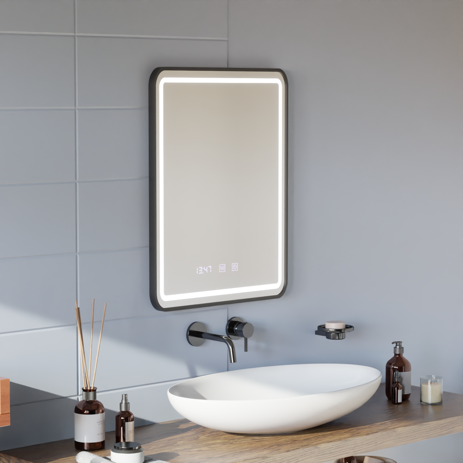 Zrcadlo LED Touch Systém odmlžování LUCIDA, hodiny a teplota 60x80 cm kartáčovaný černý rám