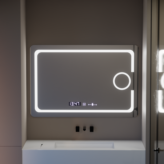 Obdélníkové LED zrcadlo, 110x75cm, Eclat MotionGlow Marcello, Demister System, Hodiny & Teploměr, Kosmetická lupa, Stmívatelné