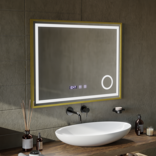 CLARUS Touch LED zrcadlový systém odmlžování, hodiny a teplota Kosmetická lupa s kartáčovaným zlatým rámem 80x60 cm
