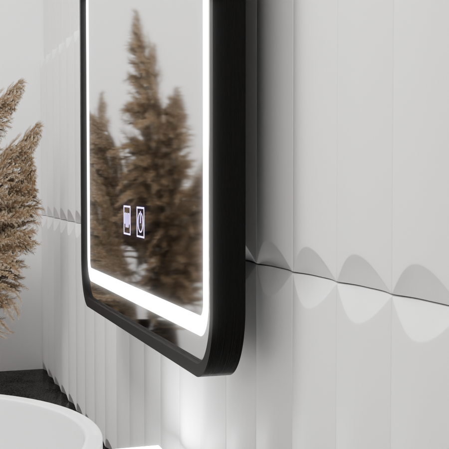 Zrcadlový LED obdélníkový 90x75cm Edge Edge Sluční dotykový defriční systém, černý rám