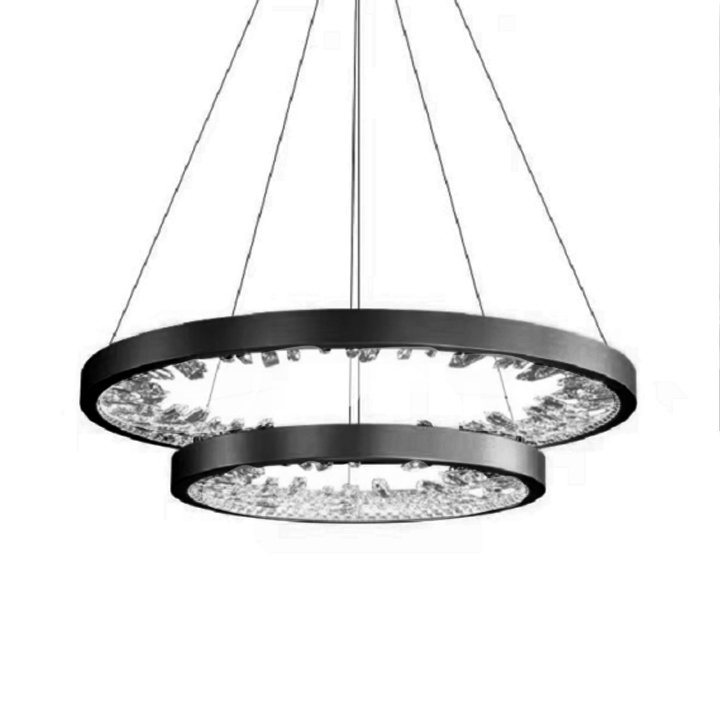 Závěsný LED lustr s dálkovým ovládáním, K9 Crystals, 67W, 2 kruhy, 60 cm, Studené/Teplé/Neutrální světlo, Stmívatelné, Černá, Výškově nastavitelné