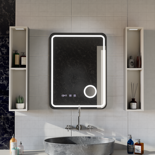 Mirror LED Touch Ulrich DeBrulation System, hodiny a teplota 60x80 cm Černá ramahed Cosmetics Lup