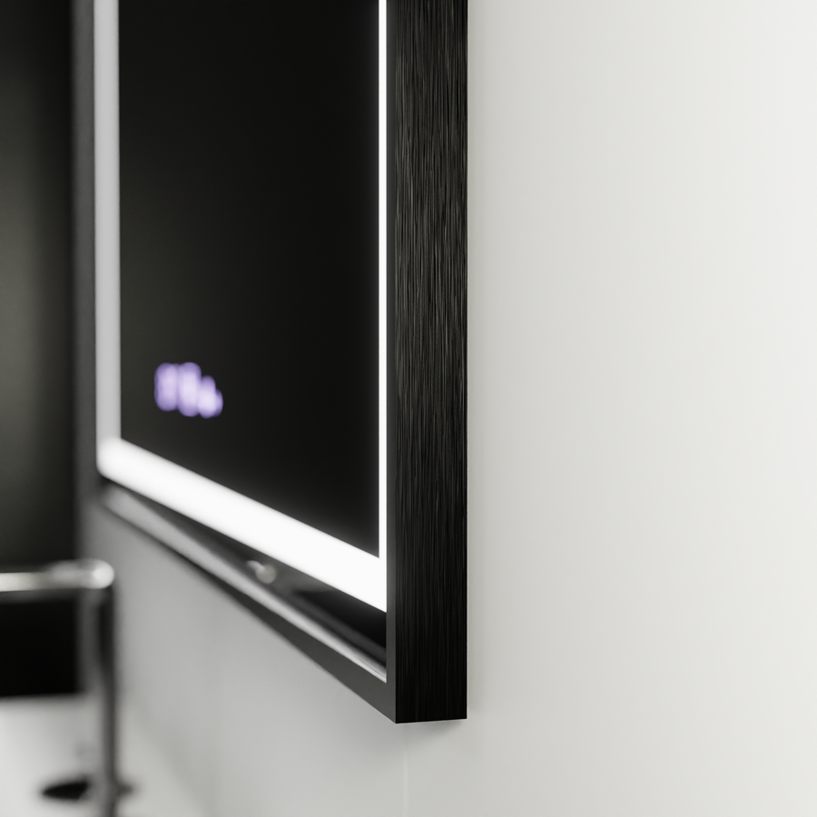 Obdélníkové LED zrcadlo, 80x60cm, Verite Majeste Noir Motion Glow Marcello, Demister System, Hodiny & Teploměr, Stmívatelné