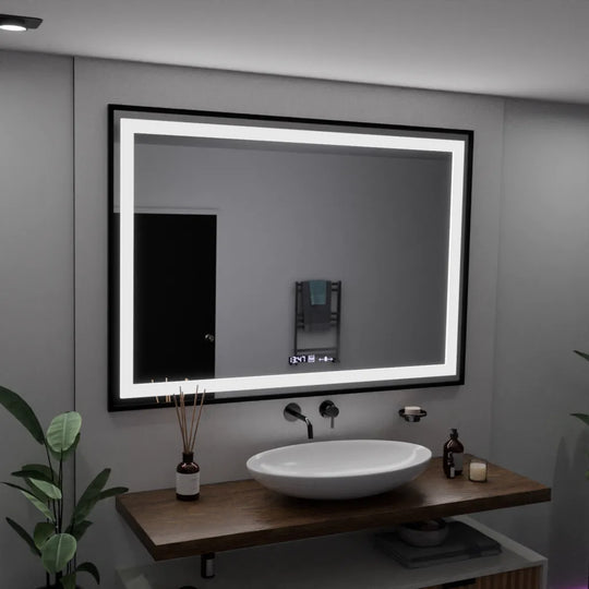 Obdélníkové LED zrcadlo, 100x65cm, Verite Majeste Noir Motion Glow Marcello, systém odmlžování, hodiny a teploměr, stmívatelná zrcátka Marcello Výchozí název Alessandro Design