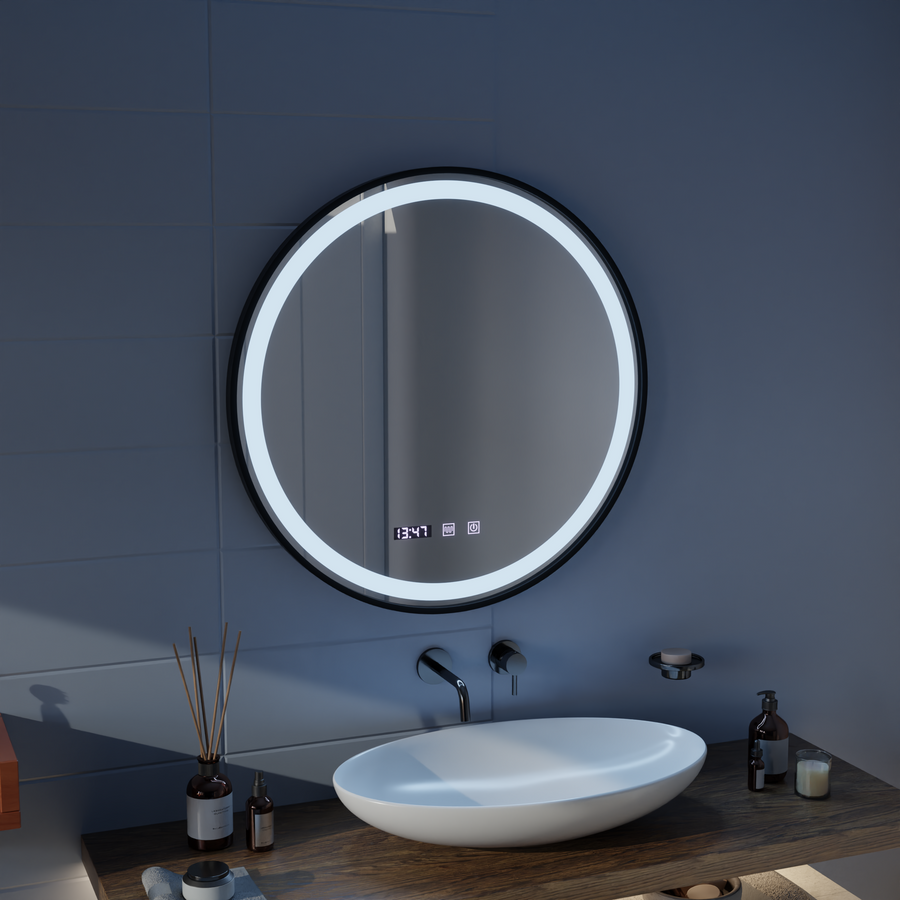 Zrcadlo LED Touch NOVARA odmlžovací systém, hodiny a teplota 60 cm kartáčovaný černý rám