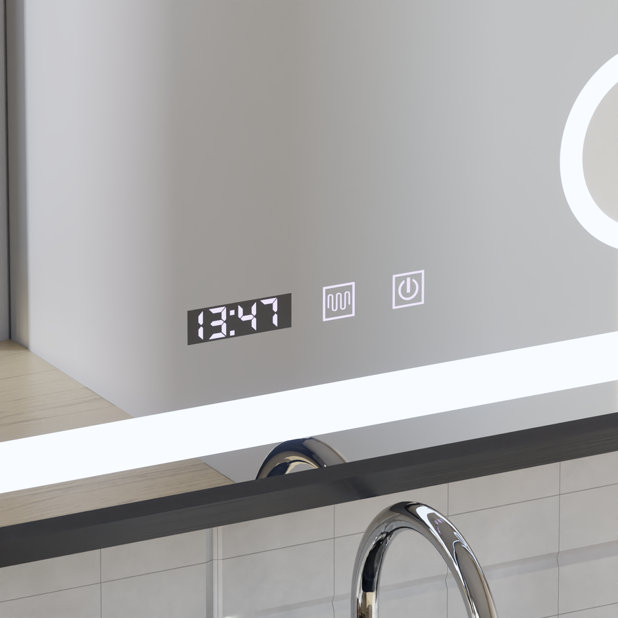 Mirror LED LED Touch Bernd Dezoringový systém, hodiny a teplota 80x60 cm fond Black Brush Cosmetica