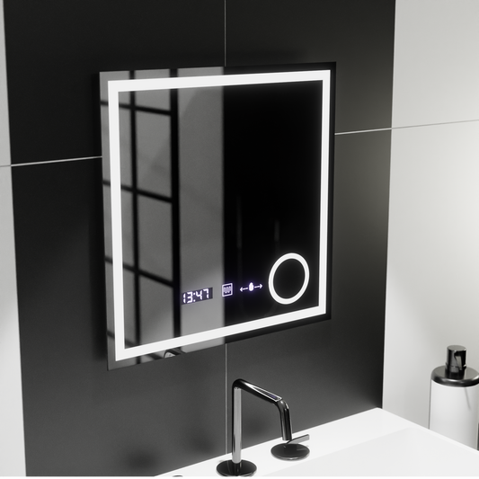 Obdélníkové LED zrcadlo, 60x60cm, Souverain MotionGlow Marcello, Demister System, Hodiny & Teploměr, Kosmetická lupa, Stmívatelné