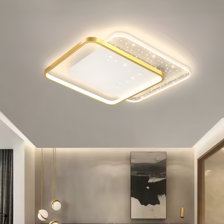 LED lustr s dálkovým ovládáním GILDRA 110W, 2 čtverce, studené/teplé/neutrální světlo, stmívatelný, zlatý
