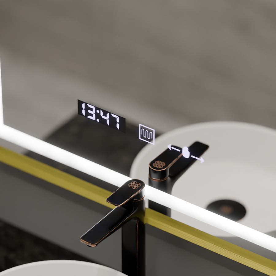 Obdélníkové LED zrcadlo, 75x90cm, Verite Royale Gold MotionGlow Marcello, Demister System, Hodiny & Teploměr, Stmívatelné