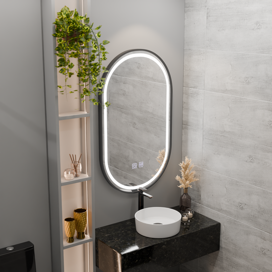 LED oválné zrcadlo 50x100cm VETRO Touch Dimmable Demister System, černý rám