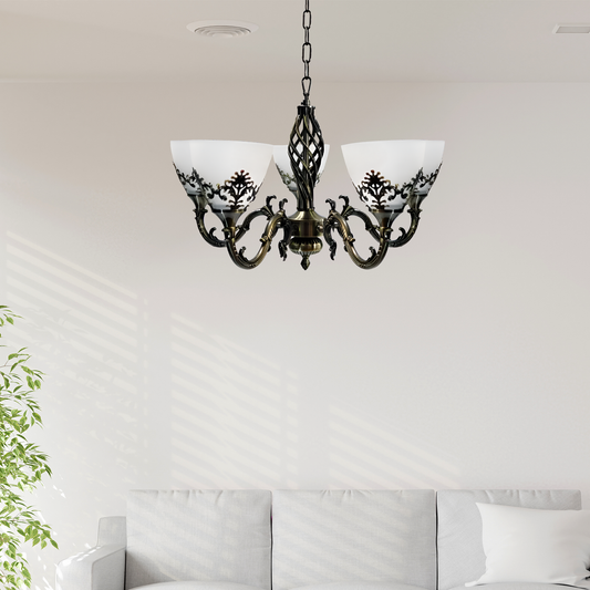 Rustikální chalupa lustru, 5*E27, starožitný bronz, kov a sklo