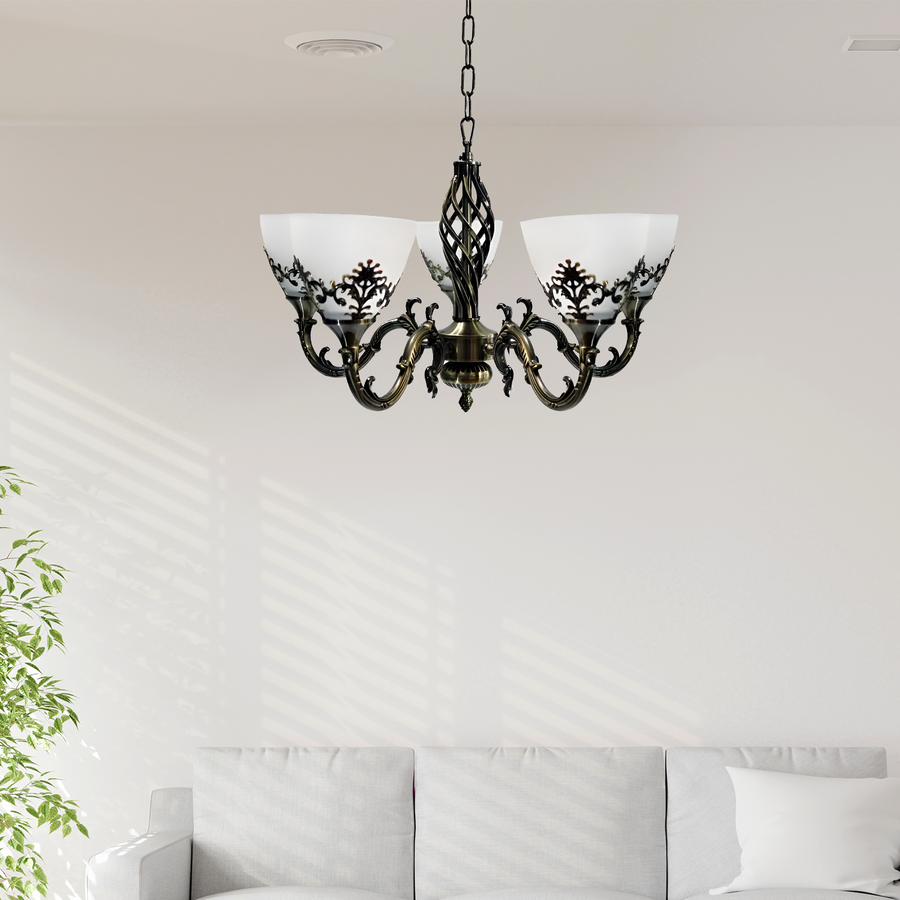 Rustikální chalupa lustru, 5*E27, starožitný bronz, kov a sklo