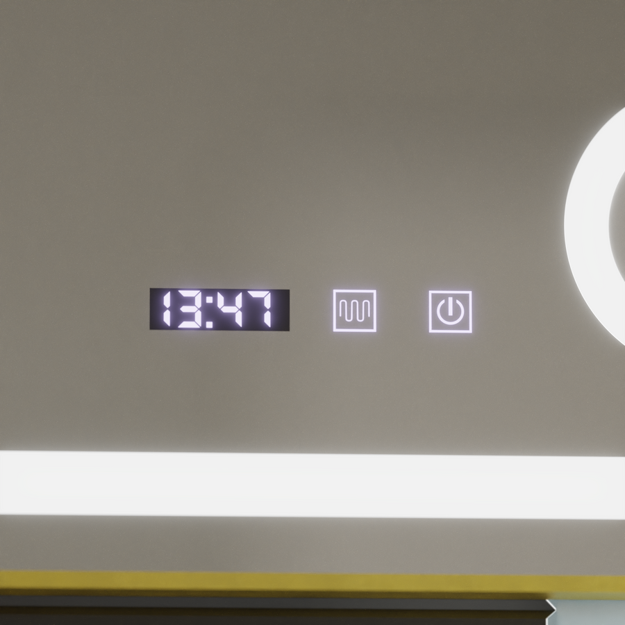 CLARUS LED dotykový systém odmlžování, hodiny a teplota 60x80 cm broušená kosmetická lupa se zlatým rámem