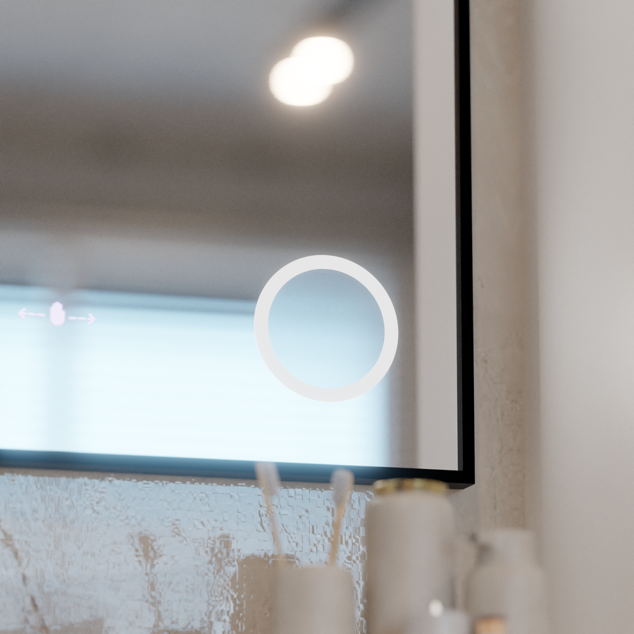 LED zrcadlo Francesca MotionGlow Snímač 80x60 cm Teplé/Studené/Neutrální světlo Stmívatelný rám Černý kartáčovaný systém odmlžování Teploměr Hodiny Marcello Funghi Collection