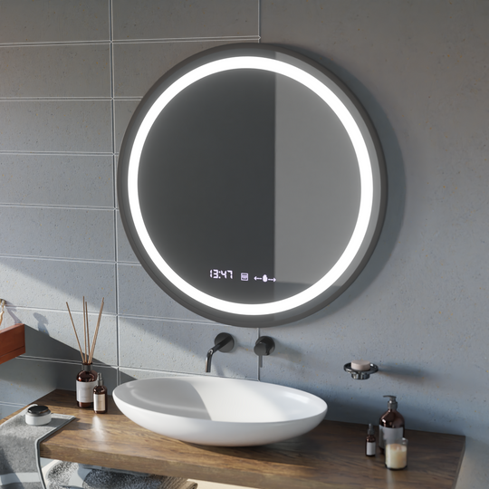 LED kulaté zrcadlo, 100 cm, Celeste Majesté Noir MotionGlow Marcello, systém odmlžování, hodiny a teploměr, stmívatelná zrcátka Marcello Výchozí název Alessandro Design