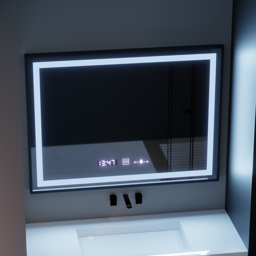 Obdélníkové LED zrcadlo, 80x60cm, Verite Majeste Noir Motion Glow Marcello, Demister System, Hodiny & Teploměr, Stmívatelné