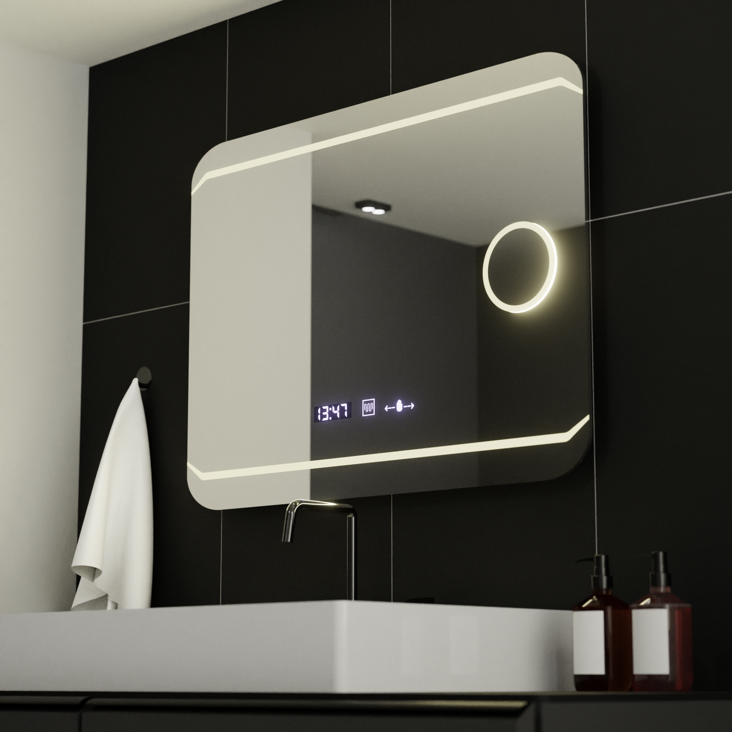 Obdélníkový LED zrcadlo 80x60cm Stile Motiongllow Marcello Dirusing System & Teplometer kosmetiky Dimable