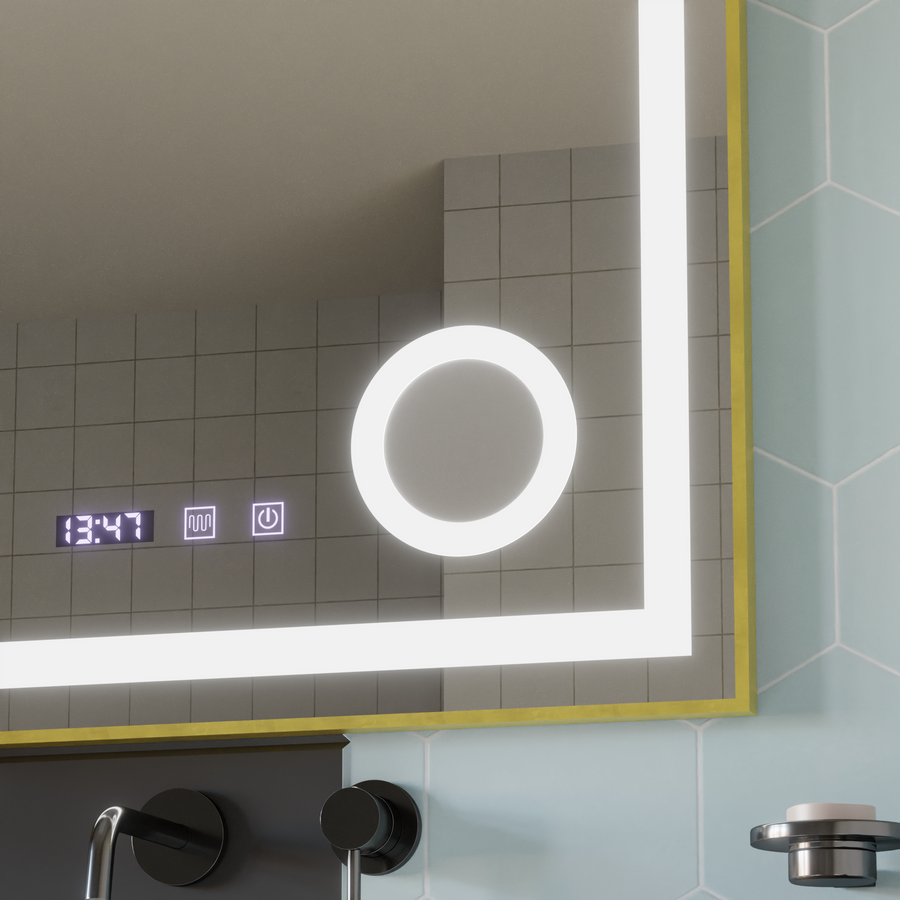 CLARUS LED dotykový systém odmlžování, hodiny a teplota 60x80 cm broušená kosmetická lupa se zlatým rámem