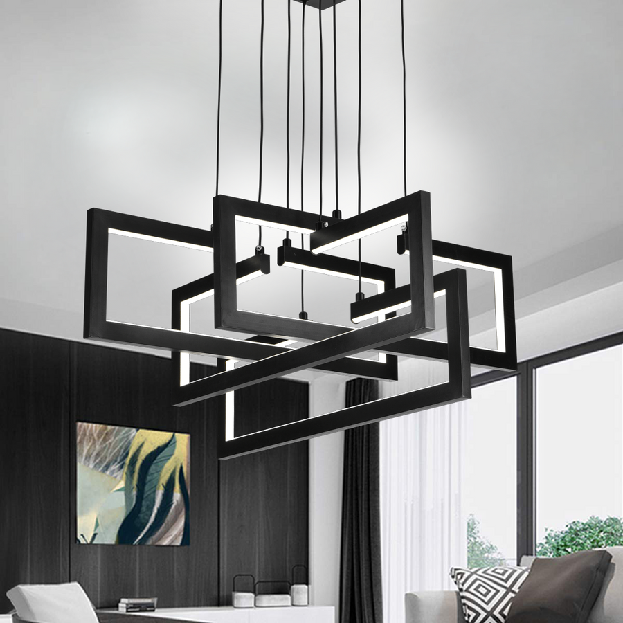 LED lustr s dálkovým ovládáním, Závěsný 98W, 4 prvky, Studené/Teplé/Neutrální světlo, Stmívatelné, Nastavitelná výška, Černá