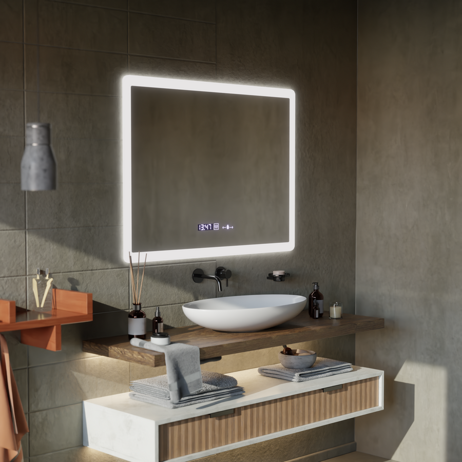 Obdélníkové LED zrcadlo, 80x60cm, senzor Zampa MotionGlow Marcello, systém odmlžování, hodiny a teploměr, stmívatelné
