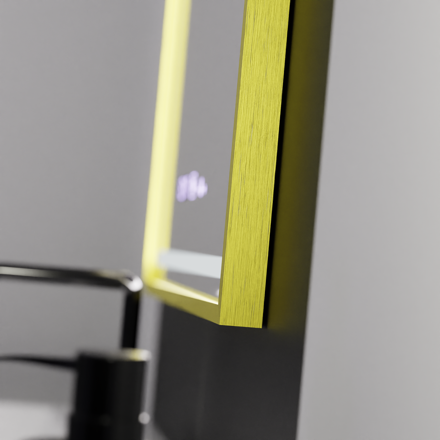 Obdélníkové LED zrcadlo, 75x90cm, Verite Royale Gold MotionGlow Marcello, Demister System, Hodiny & Teploměr, Stmívatelné