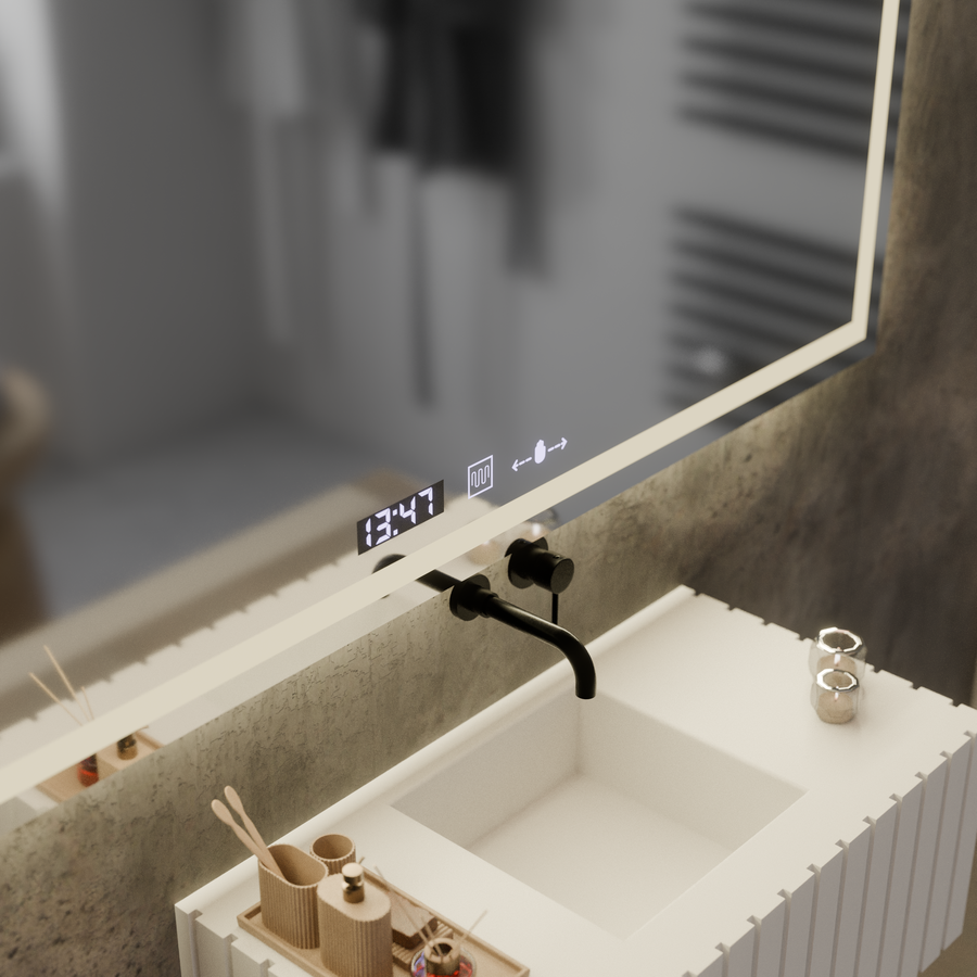 Obdélníkové LED zrcadlo, 120x60cm, Verite MotionGlow Marcello, Demister System, Hodiny & Teploměr, Stmívatelné