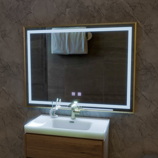 LED Touch Kariri Mirror, 80x60 cm, Funkce rozmrazování, zlaté růže kartáčované rám