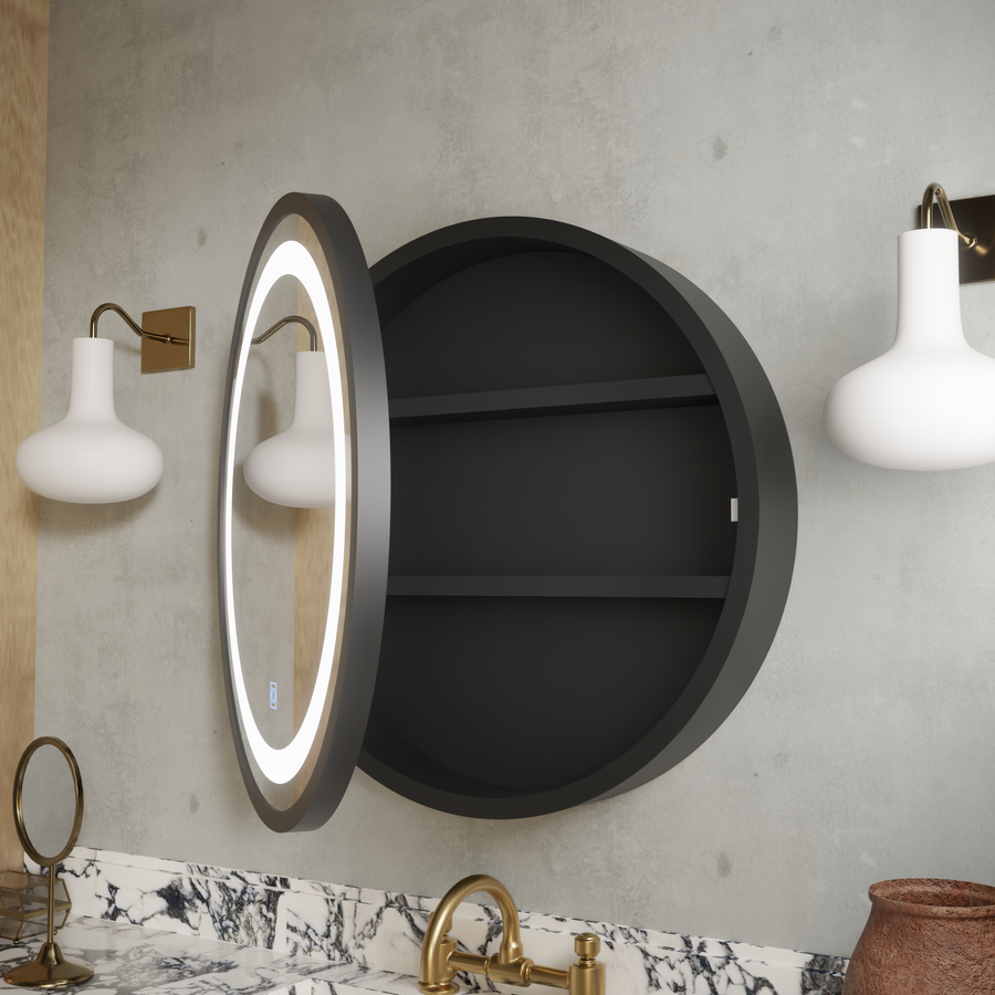 LED zrcadlo se skříňkou, kulaté, 50x50 cm, odmlžování, studené/teplé/neutrální světlo, černý rám, úložný prostor