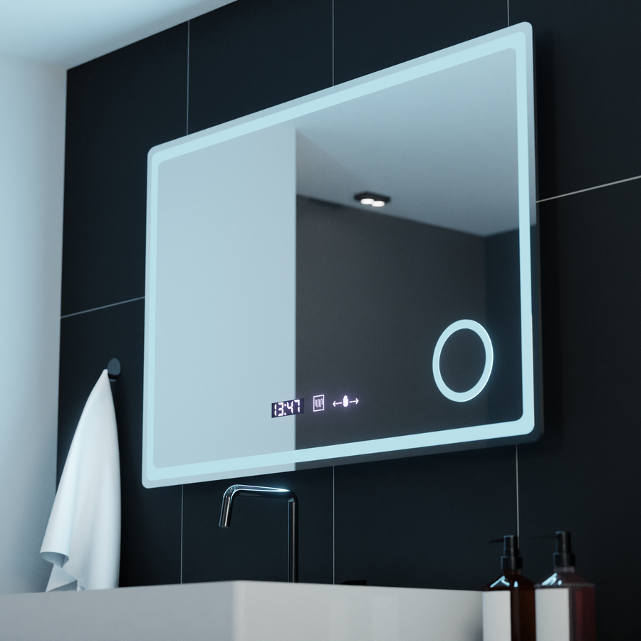 Zrcadlo LED obdélníkový 90x60cm Bellezza riflesso puro Motionglow Marcello Desical Clock Defrock System