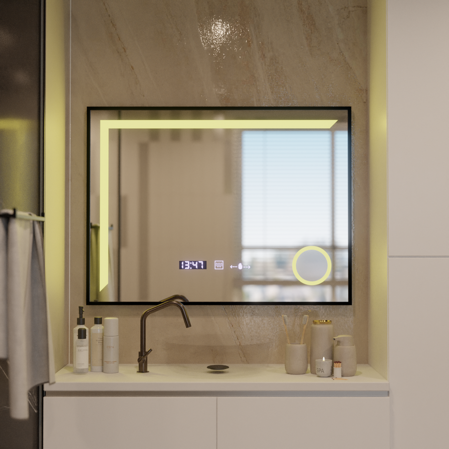LED zrcadlo Francesca MotionGlow Snímač 80x60 cm Teplé/Studené/Neutrální světlo Stmívatelný rám Černý kartáčovaný systém odmlžování Teploměr Hodiny Marcello Funghi Collection