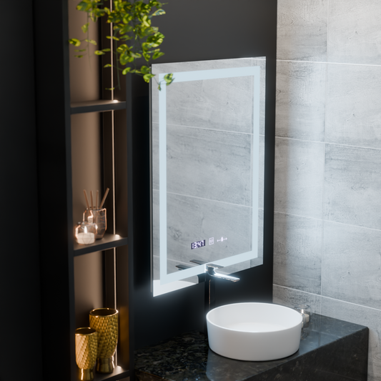 Obdélníkové LED zrcadlo, 75x90cm, Verite MotionGlow Marcello, Demister System, Hodiny & Teploměr, Stmívatelné