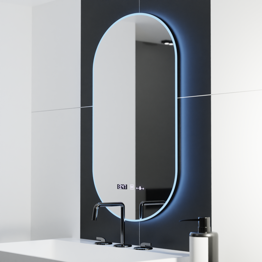 Oválné LED zrcadlo, 50x100cm, Lucia Sensor Marcello, Demister System, Hodiny & Teploměr, Stmívatelné