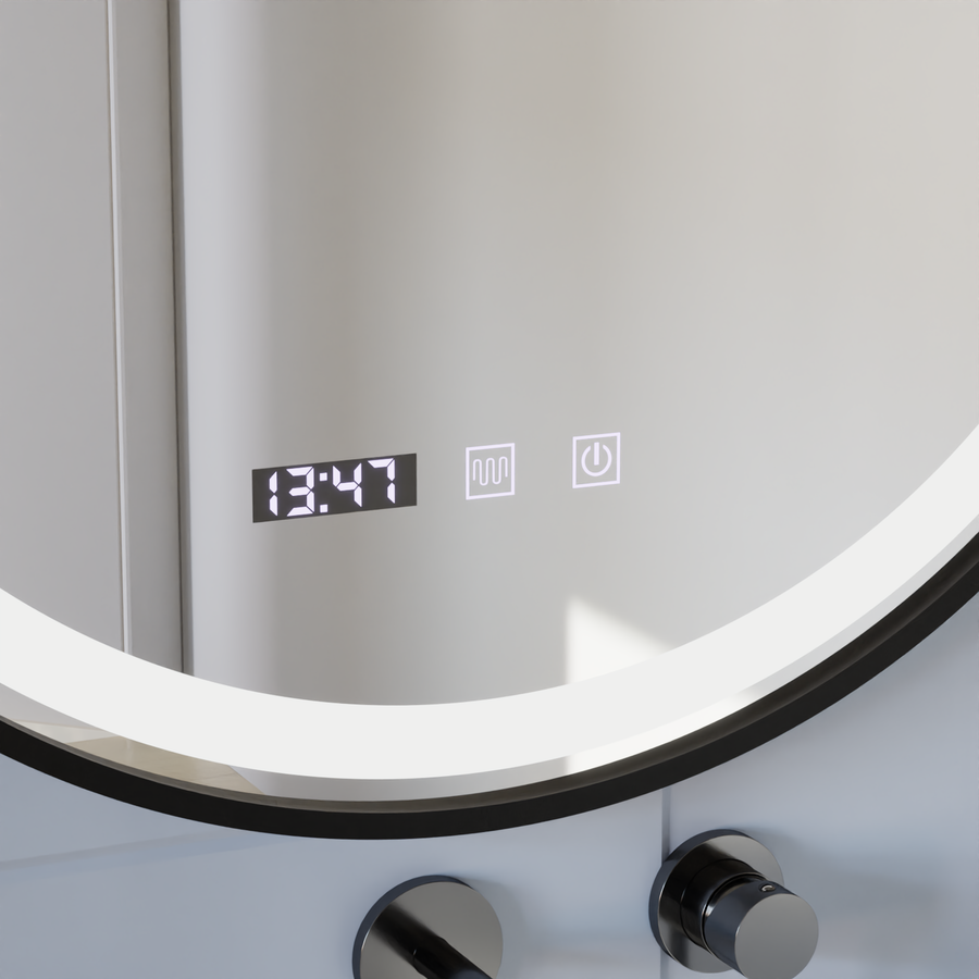 Zrcadlo LED Touch NOVARA odmlžovací systém, hodiny a teplota 60 cm kartáčovaný černý rám