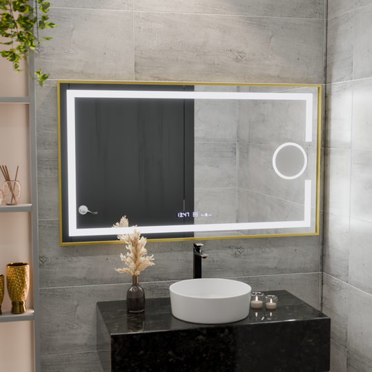 Obdélníkové LED zrcadlo, 120x80cm, Eclat MotionGlow Marcello, systém odmlžování, hodiny a teploměr, kosmetická lupa, stmívatelné, rám z kartáčovaného zlata Marcello Mirrors Výchozí název Alessandro Design