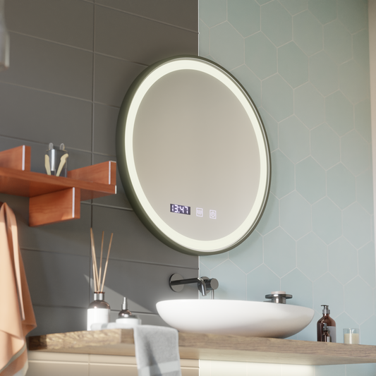 LED dotykové zrcátko NOVARA odmlžovací systém, hodiny a teplota 80 cm kartáčovaný černý rám